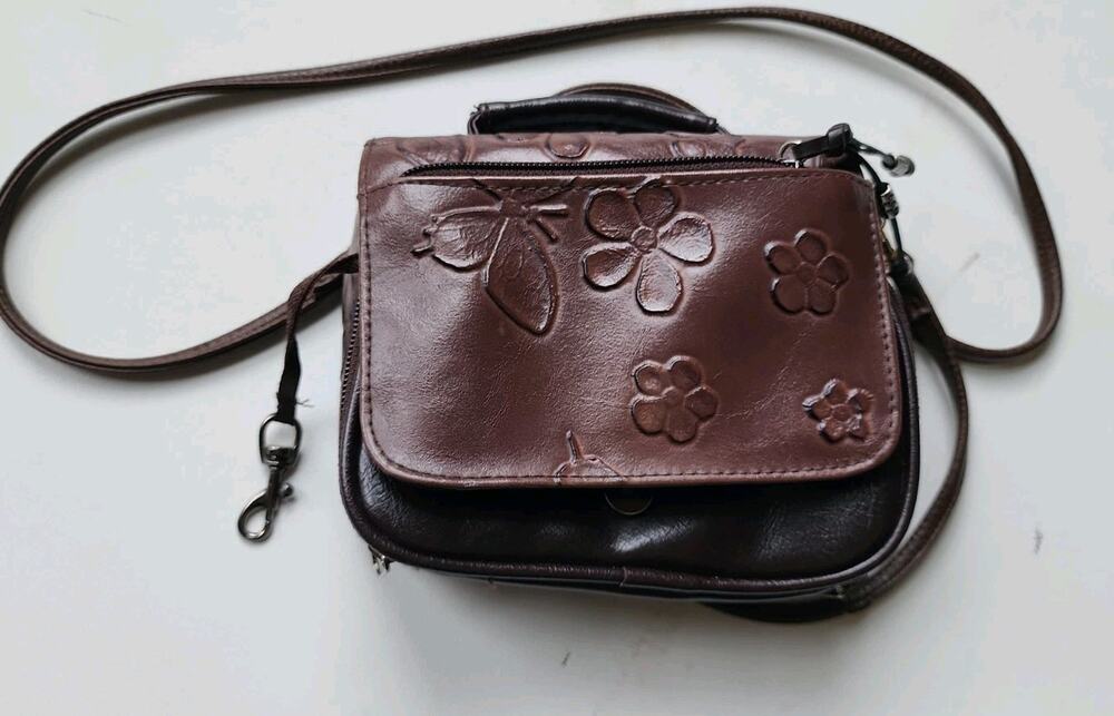 Y2K Cross Body Wallet Purse Leather Embossed Organizer Butterfly Flowers Boho